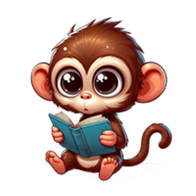 En sød, tegneserieagtig abe sidder og læser en bog med store, nysgerrige øjne.