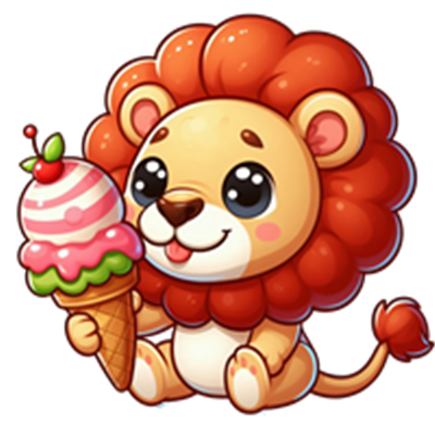 En nuttet tegneserie-løve, der holder en isvaffel med farverig is.