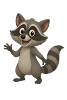 En glad og venlig vaskebjørn med striber og store øjne, der vinker.