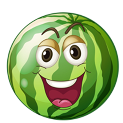 En glad vandmelon med store øjne og et smilende ansigt.