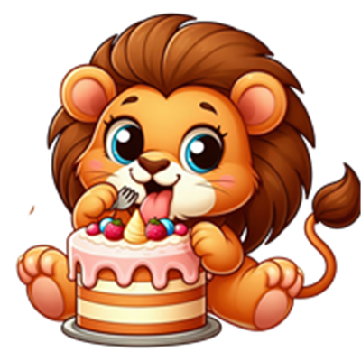 En tegneserieagtig løve, der spiser kage med is og bær, ser glad ud.