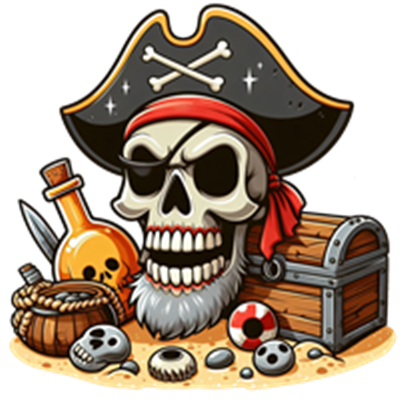 En farverig illustration af en piratskalle med en rød bandana, omgivet af skatte og piratudstyr.