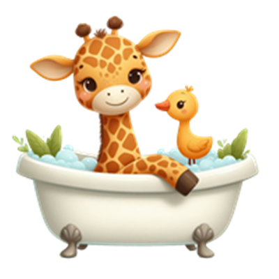 En sød giraffe sidder i et badekar med en and ved sin side, omgivet af skum og planter.
