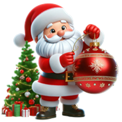 En glad julemand der hænger en julekugle på et pyntet juletræ.