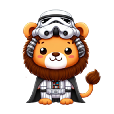 En sød, tegnet løve iført en stormtrooper-hjelm og kappe, der kombinerer dyre- og sci-fi-elementer.