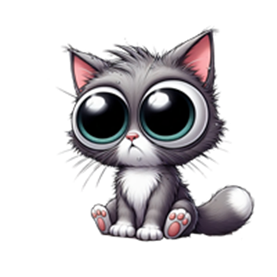 En sød, animeret kat med store, udtryksfulde øjne og en fluffy pels.