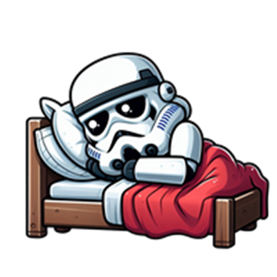 En sød tegning af en stormtrooper, der ligger i sengen med en pude og tæppe.
