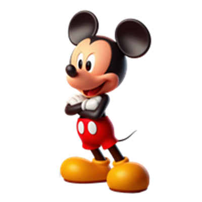 En farverig illustration af Mickey Mouse, en ikonisk tegneseriefigur med store ører.