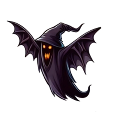 Et stiliseret spøgelse iført en sort hætte og med fløjter, der ser skræmmende ud.