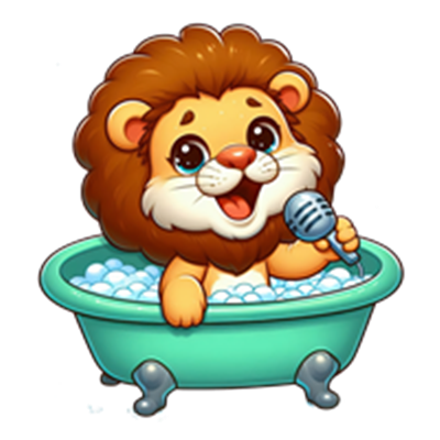 En sød, tegneserieagtig løve synger i et badekar fyldt med sæbebobler.