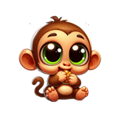 En charmerende tegneserieabe, der sidder og spiser noget, med store grønne øjne.