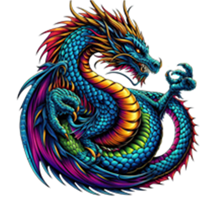 En detaljeret og farverig drage med en dynamisk positur, prydet med skæl og en majestætisk hale.