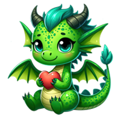 En sød, grøn drage med store øjne og vinger, der holder et hjerte.