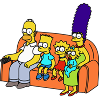 Et farverigt billede af familien Simpson, der sidder sammen på en sofa.