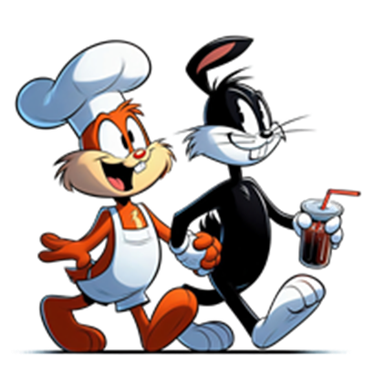 To animerede karakterer, en kok og en sort kanin, der går sammen og har det sjovt.