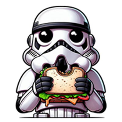 En sød tegneseriefigur af en stormtrooper, der holder en sandwich.