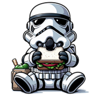 En tegneserie-inspireret stormtrooper, der sidder og spiser en sandwich, omgivet af grøntsager.