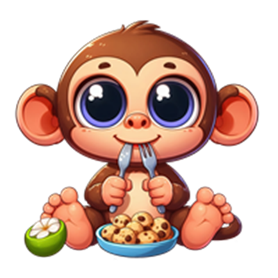 En tegneserieagtig abe sidder på gulvet og spiser småkager med en gaffel.