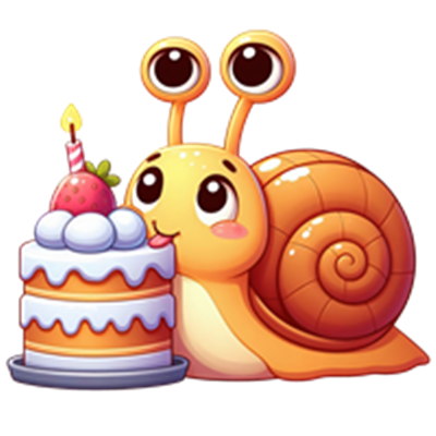 En farverig og glad snegl, der står ved siden af en festlig fødselsdagskage med lys.