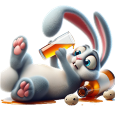En sjov og farverig kanin, der ligger ned og nyder en drink ved siden af nogle flasker.