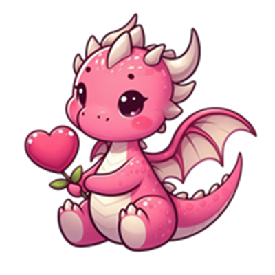 En nuttet pink drage holder et hjerte og ser venlig ud, med små vinger og store øjne.