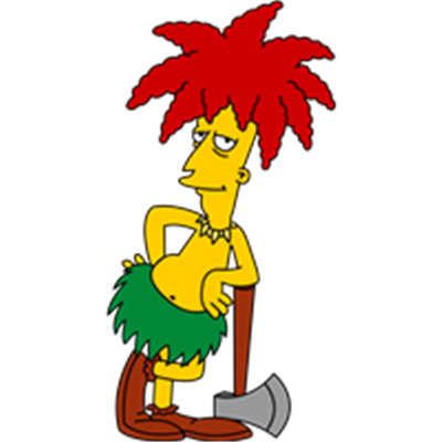 En tegneseriefigur med rød, krøllet hår og en grøn nederdel, der står med en økse.