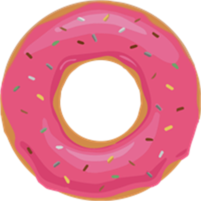 En rund donut dækket af pink glasur og pyntet med farverige strøelse.