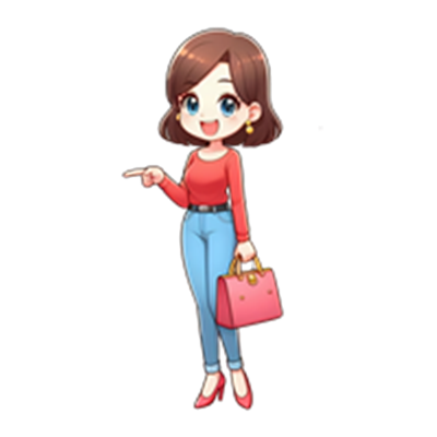 En sød, animeret kvinde med brunt hår, iført en rød trøje og blå jeans, der holder en taske.