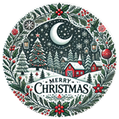 En smuk juleillustration med sne, træer, stjerner og en måne.