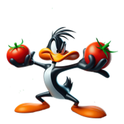 En animeret and holder to tomater og ser udfordrende ud.