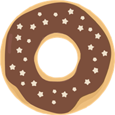 En illustreret donut dækket med chokolade og pyntet med små stjerner.