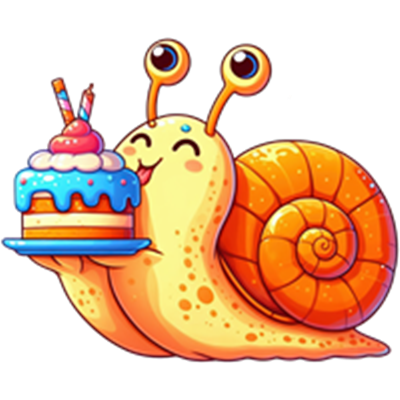 En glad, farverig snegl holder en festkage med lys, klar til at fejre.