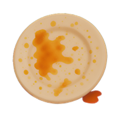 En tallerken med orange pletter og sprøjt af sauce på en hvid baggrund.