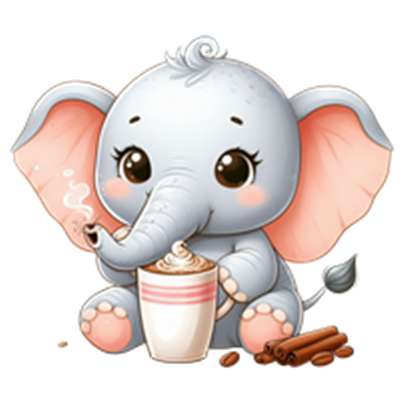 En nuttet grå elefant sidder og holder en kop med dampende drik, omgivet af kanelstænger.