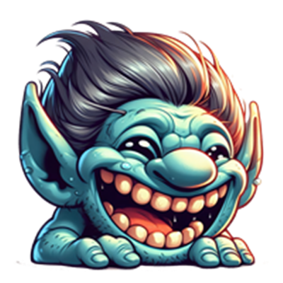 En farverig og glad trold med stort smil og busket hår.