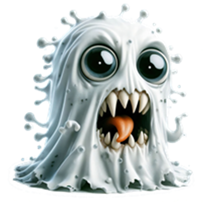 Et sjovt og skræmmende spøgelse med store øjne og en åben mund, der viser tænder.