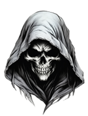 En skræmmende illustration af et skelet iført en hætte, der symboliserer død.