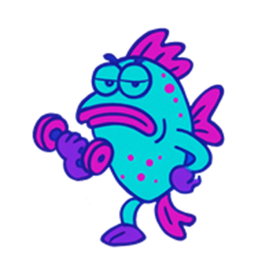 En farverig, tegneserieagtig fisk, der løfter en vægt med et utilfreds udtryk.