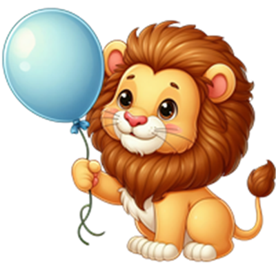 En sød, tegnet løve holder en blå ballon, der tilføjer en legesyg stemning.