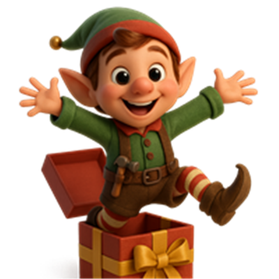 En glad nisse springer ud af en gaveæske med armene strakt ud i jubel.