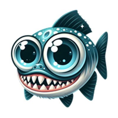 En farverig, cartoon-lignende fisk med store øjne og skarpe tænder.