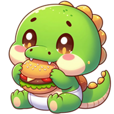 En farverig, tegneserieagtig dinosaurusbaby, der spiser en burger med glæde.
