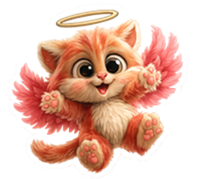 En sød orange kat med vinger og en glorie, der ser glad ud.