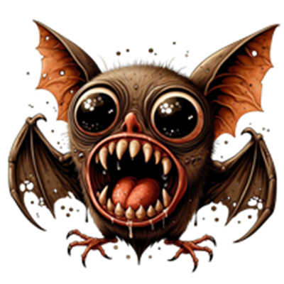 En detaljeret illustration af en uhyggelig flagermus med store øjne og skarpe tænder.
