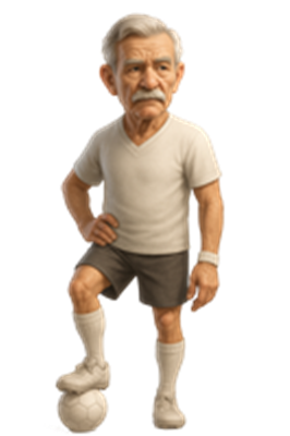 En karikeret ældre mand står med en fodbold under foden, iført sportstøj.