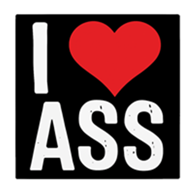 Et humoristisk design med teksten I ? ASS i farverne rød og hvid.