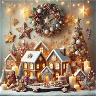 Et charmerende julelandskab med dekorerede ingefærhuse, et juletre og lys.