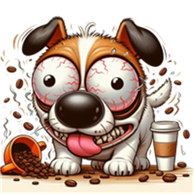 En tegnet hund med store, vilde øjne og en sjov, energisk attitude, omgivet af kaffe.