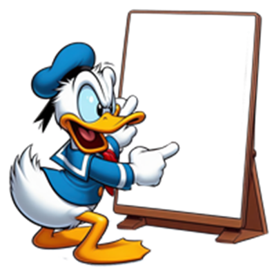En tegneseriefigur, Donald Duck, står ved en tavle og peger på den.