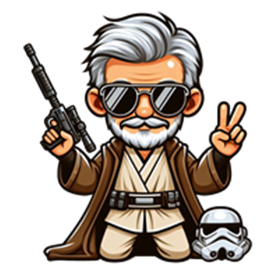 En tegneseriefigur af en ældre Jedi med gråt hår, solbriller og en blaster, der står ved en stormtrooper-hjelm.